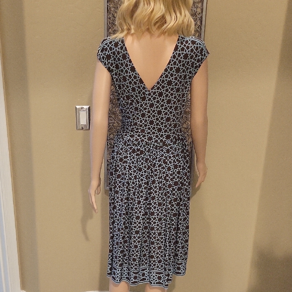 Maggy London Brown And Teal Full Skirt Cap Sleeve Faux Wrap Dress - Picture 5 of 6